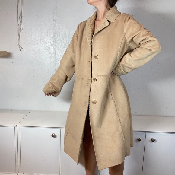 Old Navy Neutral Tan Penny Lane Faux Fur Lined Duster Full Length Coat - Picture 11 of 15